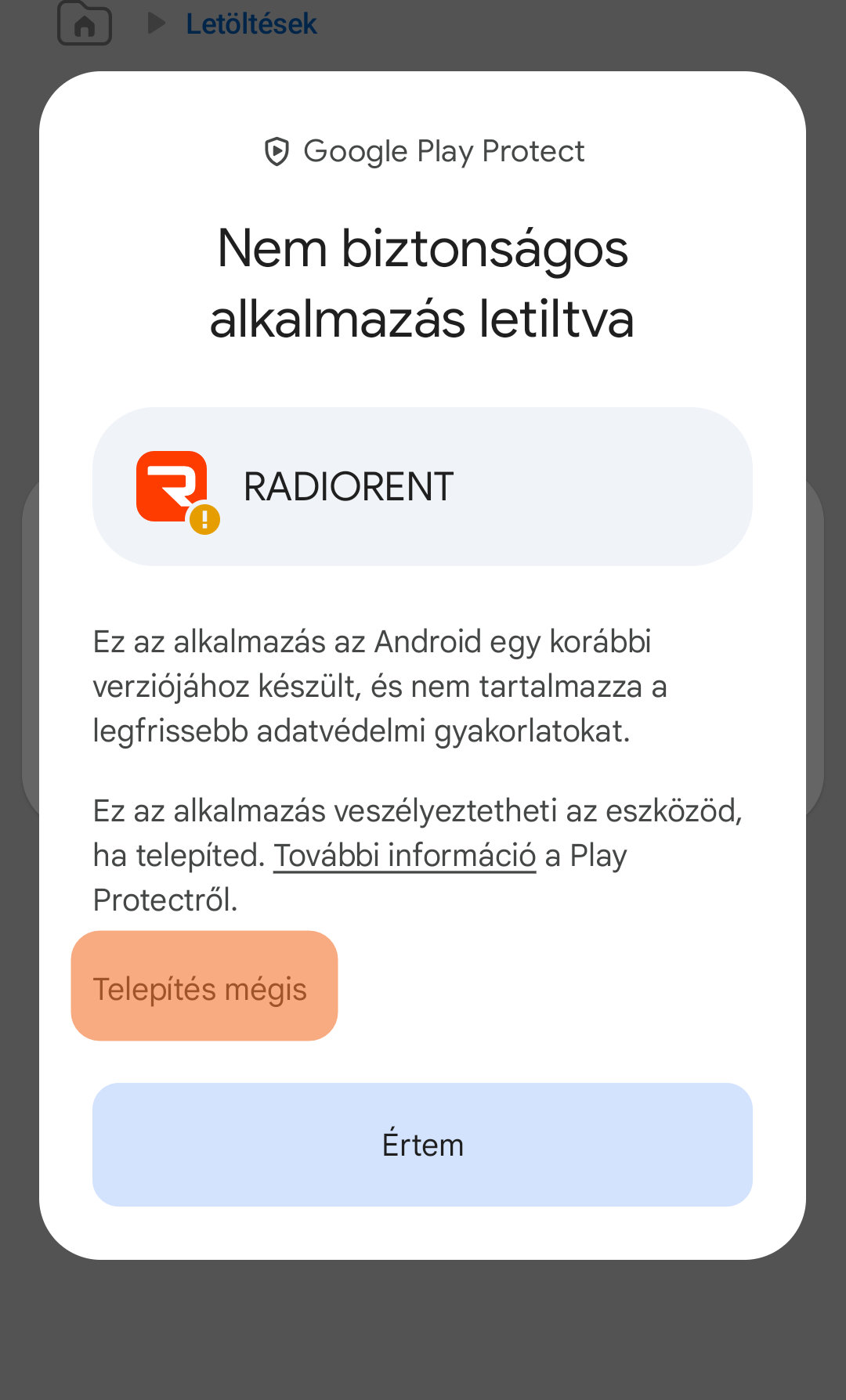 Telepítés mégis gomb