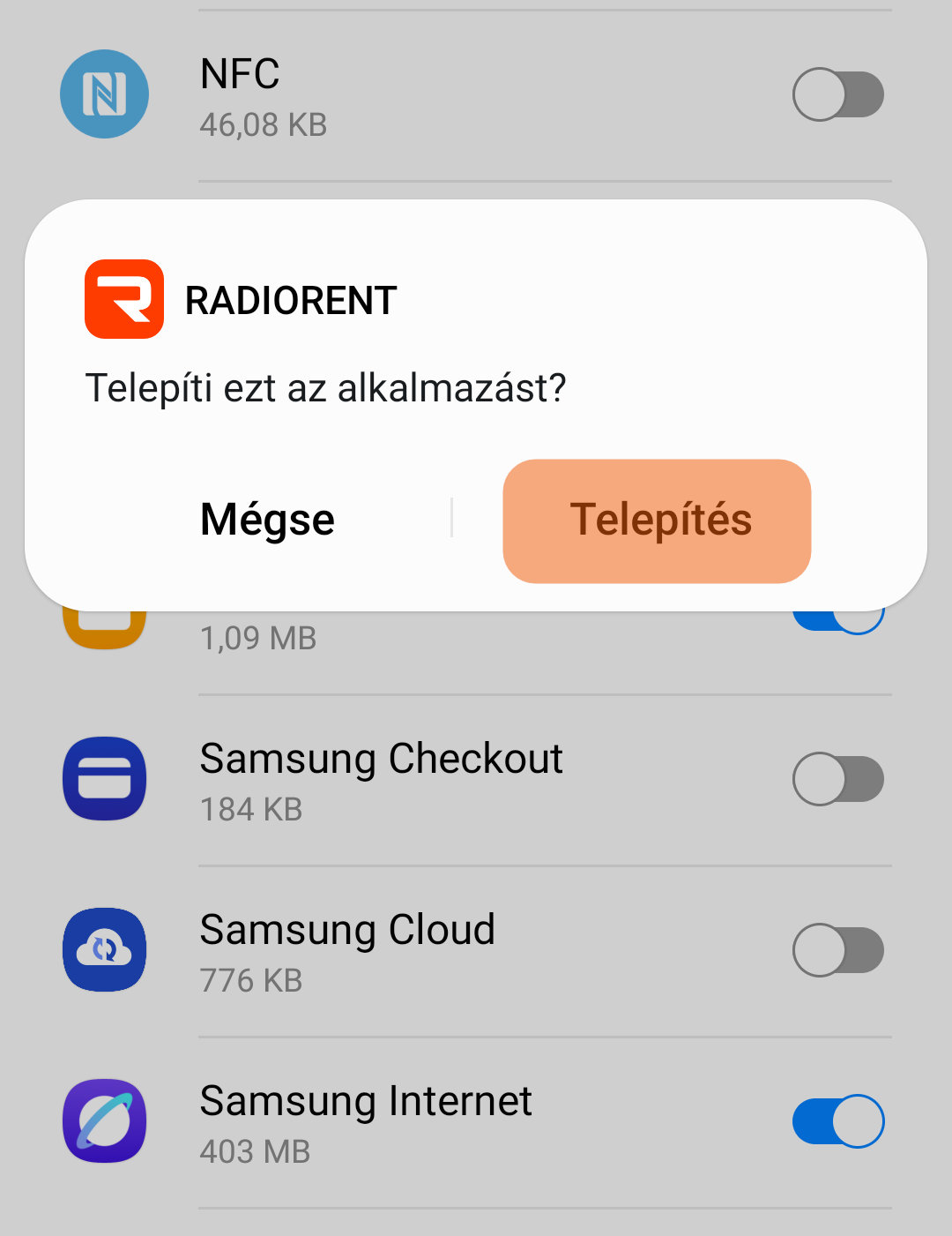 Telepítés gomb
